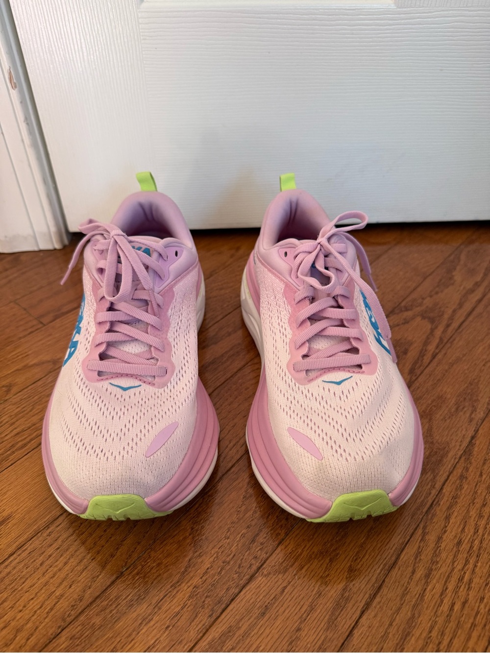 Hoka Women’s Bondi 8 Pink Sneakers with Lime and Blue Accents